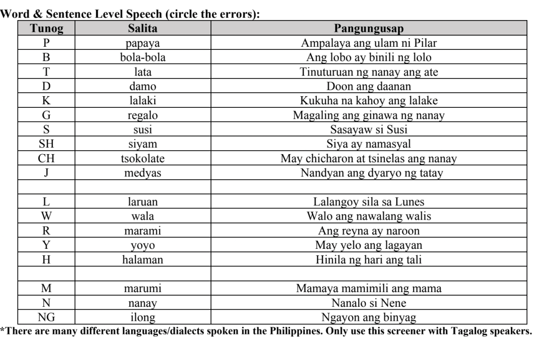 Tagalog Screener
